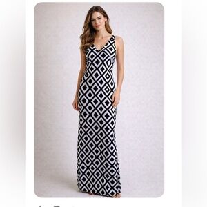 NY COLLECTION Black & White V-Neck Bohemian Tribal Maxi Dress NWOT